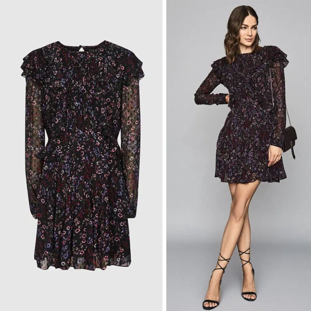 Reiss Black Floral Long-Sleeve Ruffle Mini Dress